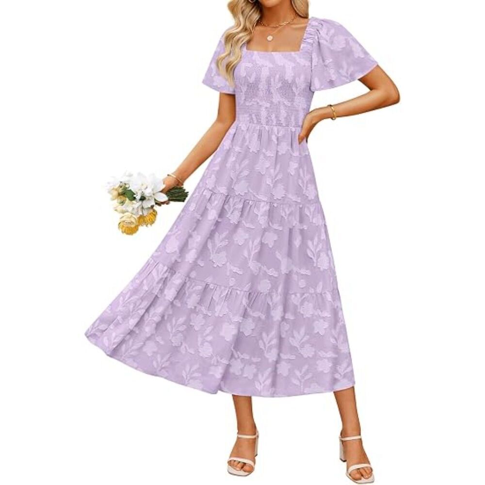 Women's Purple Square Neck A Line Short Sleeve Graduation Long Dresses